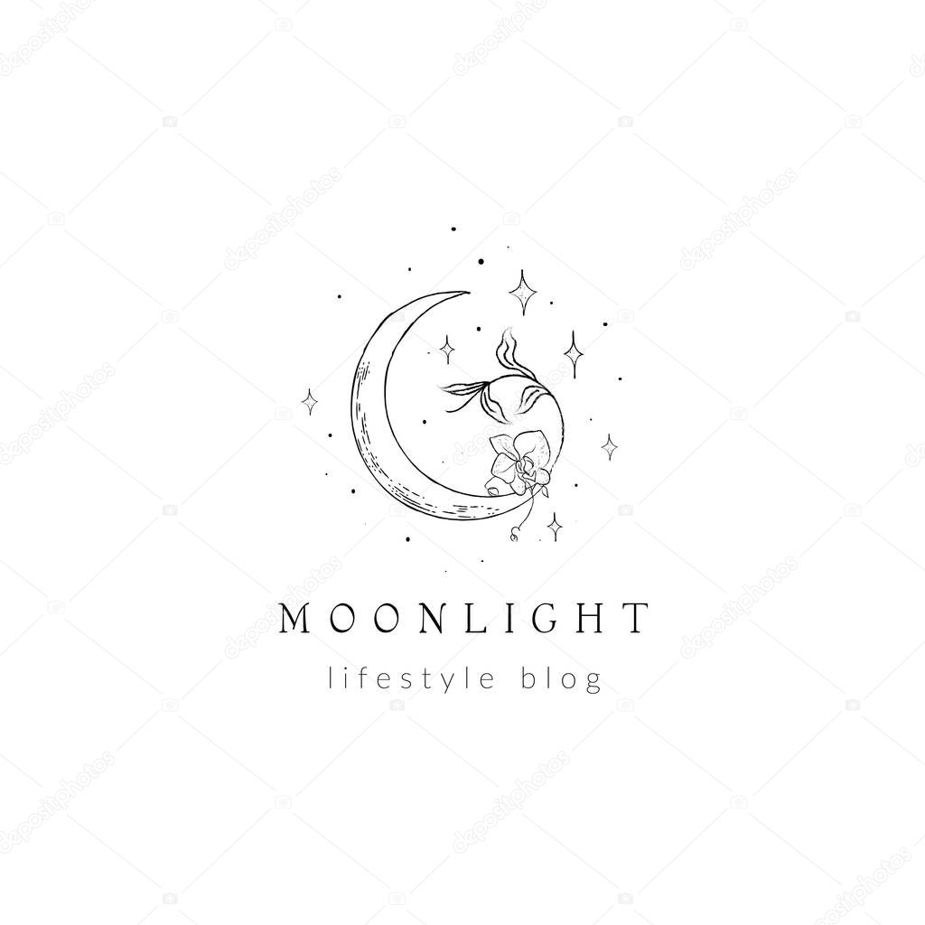 Abstract hand drawn crescent moon logo with stars, orchid flower and leaves. icon, vector illustration in trendy line linear art style. Branding