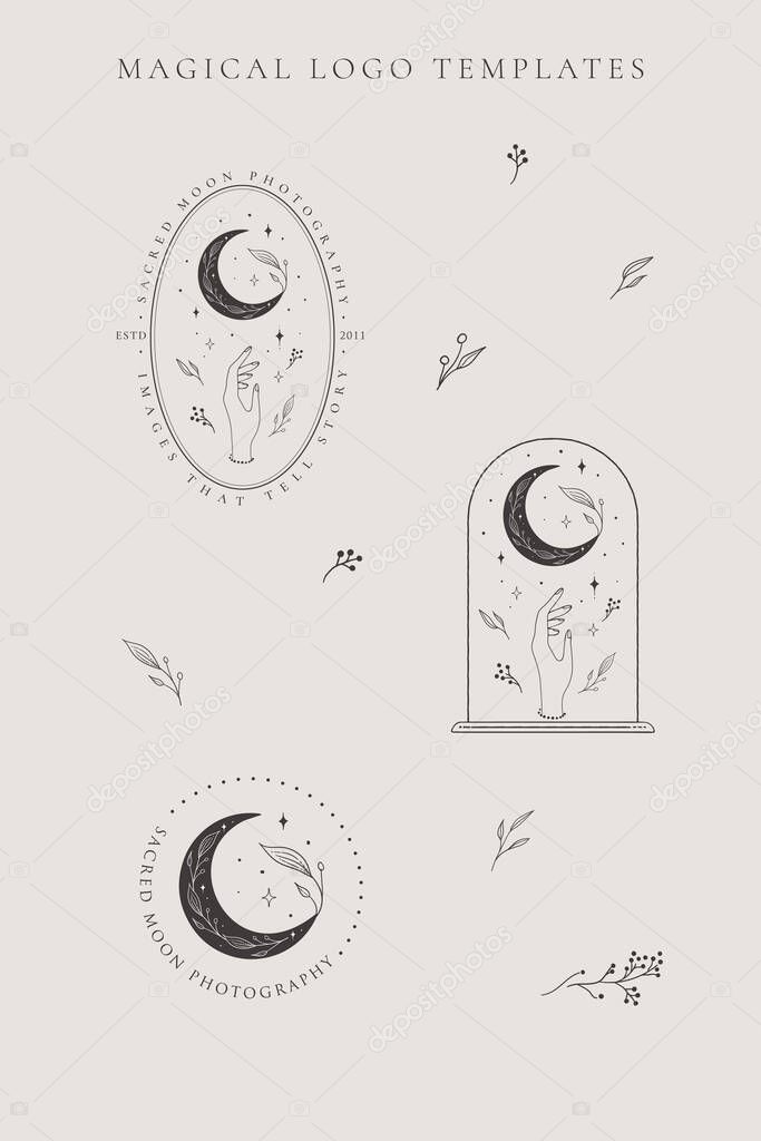 Abstract hand drawn crescent moon logo set with stars, hand, flower and leaves. icon, vector illustration in trendy line linear art style. Branding. Vector Illustration