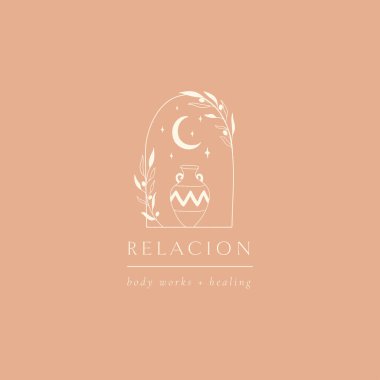 Amforo, ay, yıldızlar ve çiçekli soyut logo