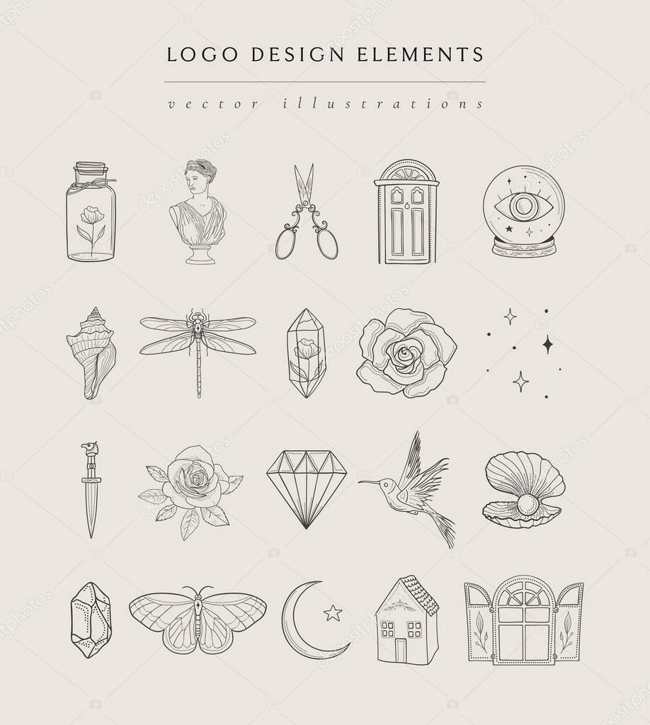 Collection of vector, fine, hand drawn logo design elements, detailed decorative illustrations and icons for various ocasions and purposes. Trendy Line drawing, lineart style