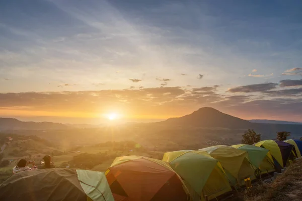 Many Camping Tent Green Field Forest Dramatic Sunrise Summer Misty — Stock Photo, Image