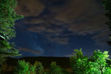Karanlık bir gece gökyüzünde Samanyolu yıldızları.