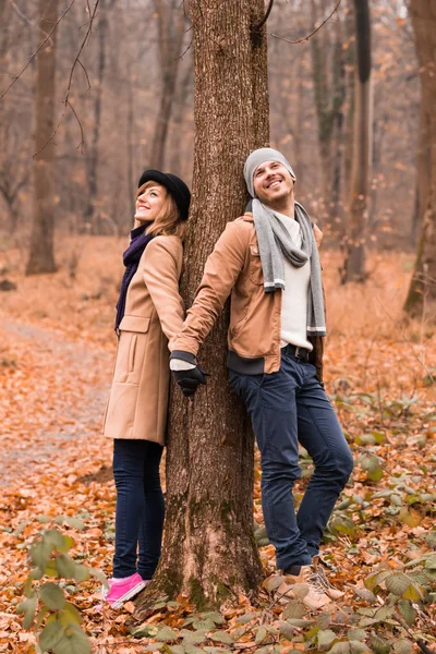 Pareja en el parque disfrutando de agradable otoño / invierno . — Foto de Stock