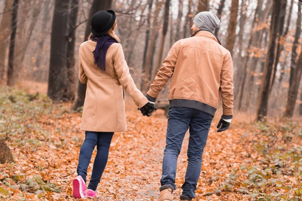 Pareja en el parque disfrutando de agradable otoño / invierno . — Foto de Stock