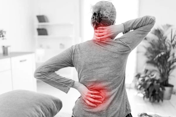 Woman Waking Bed Morning Stretching Pain Back Neck — Stock Photo, Image