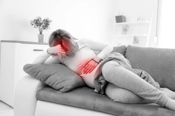 Pregnant Tired Exhausted Woman Stomach Head Issues Home Couch Being — Stock Photo, Image