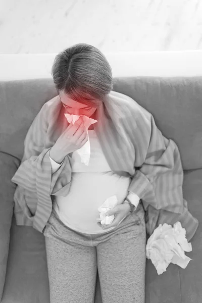 Pregnant Tired Exhausted Woman Head Issues Home Couch Being Sick — Stock Photo, Image