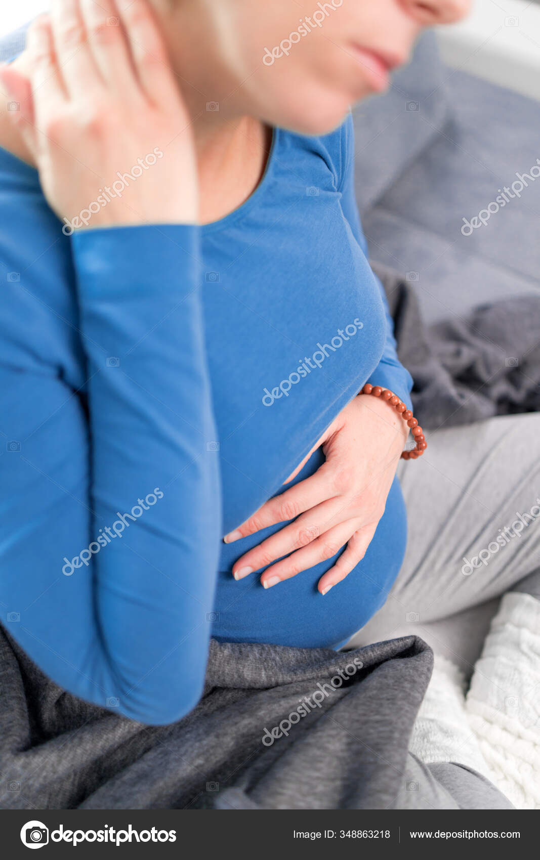 Pregnant Tired Exhausted Woman Stomach Head Issues Home Couch Being Stock Photo by ©milangucci
