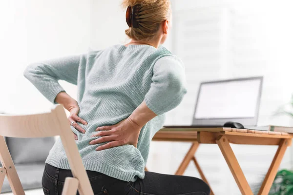 Woman Working Laptop Having Back Hip Spine Pain — Stock Photo, Image