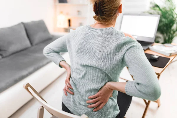 Woman Working Laptop Having Back Hip Spine Pain — Stock Photo, Image