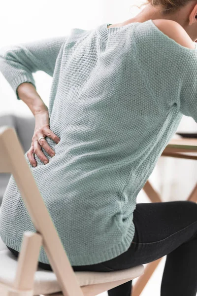 Woman Working Laptop Having Headache Back Hip Spine Pain — Stock Photo, Image