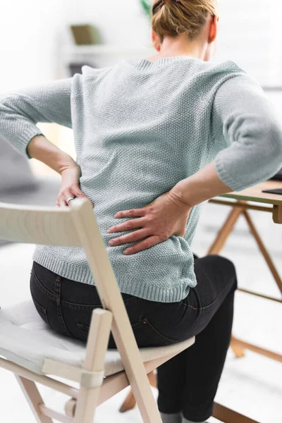 Woman Working Laptop Having Headache Back Hip Spine Pain — Stock Photo, Image