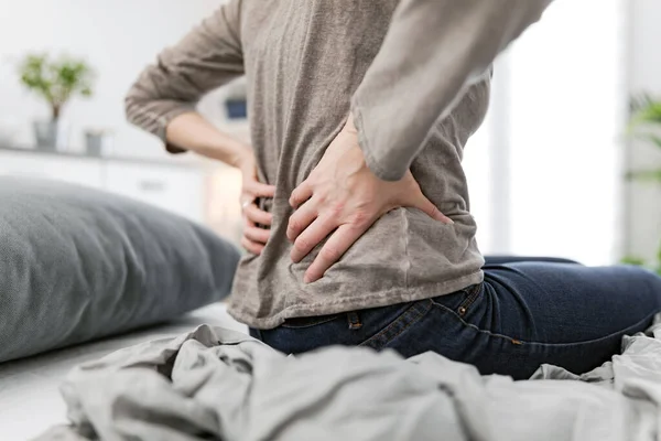 Woman Waking Bed Morning Stretching Pain Back Hip — Stock Photo, Image