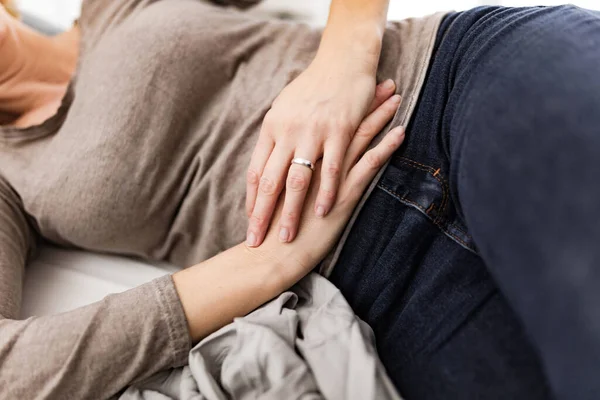 Tired Exhausted Woman Stomach Issues Home Couch Being Sick Pregnant — Stock Photo, Image