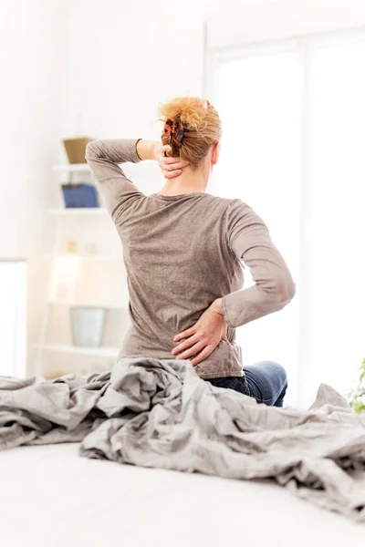Woman Waking Bed Morning Stretching Pain Back Neck — Stock Photo, Image