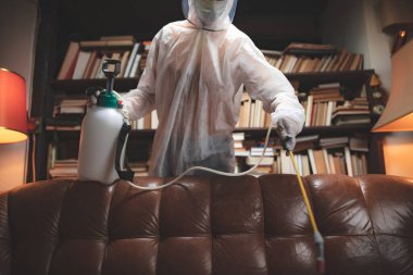 Koruyucu antiviral maskeli, kimyasal dezenfekte spreyli ev ve mobilyaları dezenfekte eden kişi..