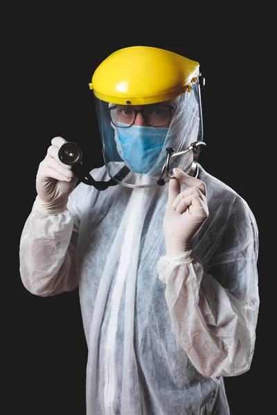 Médico Enfermeiro Cirurgião Psicólogo Trabalhando Com Máscara Protetora Óculos Luvas — Fotografia de Stock
