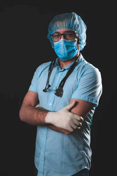 Medical Doctor Nurse Surgeon Psychologist Working Protective Mask Glasses Gloves — Stock Photo, Image