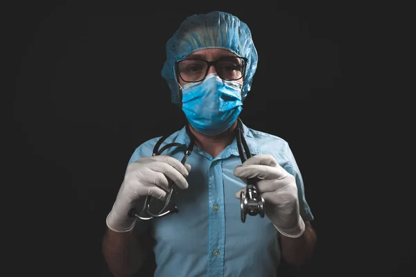 Medical Doctor Nurse Surgeon Psychologist Working Protective Mask Glasses Gloves — Stock Photo, Image