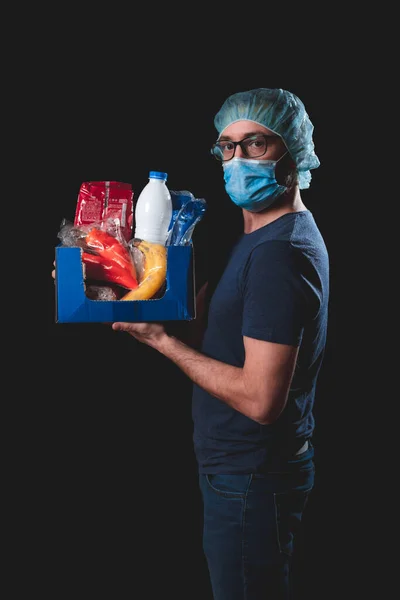 Voedsel Levensmiddelen Thuisbezorging Pandemische Uitbraak Hysterie Persoon Uniform Met Een — Stockfoto