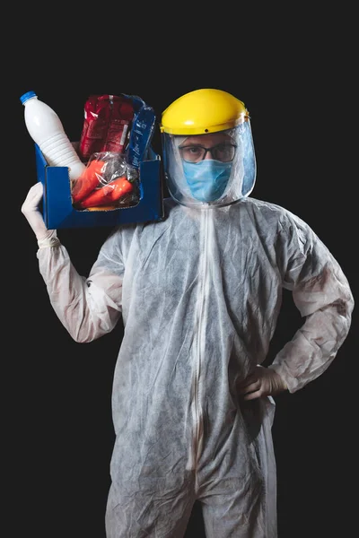 Aliments Épicerie Livraison Domicile Pandémie Hystérie Personne Costume Protection Complet — Photo