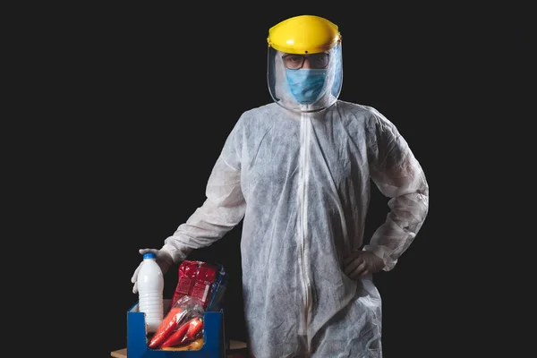 Aliments Épicerie Livraison Domicile Pandémie Hystérie Personne Costume Protection Complet — Photo