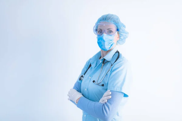 Médico Enfermero Cirujano Psicólogo Que Trabaja Con Máscara Protectora Gafas — Foto de Stock