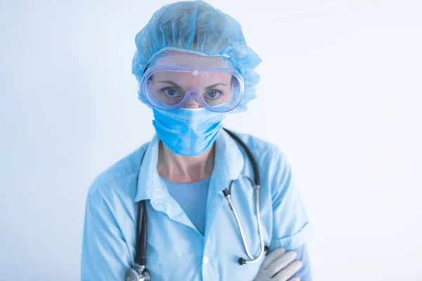 Medical Doctor Nurse Surgeon Psychologist Working Protective Mask Glasses Gloves — Stock Photo, Image