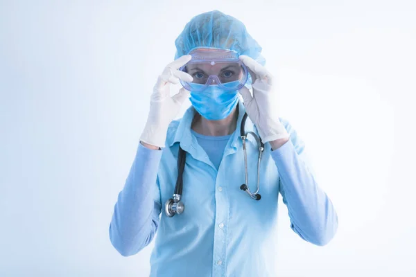 Medical Doctor Nurse Surgeon Psychologist Working Protective Mask Glasses Gloves — Stock Photo, Image