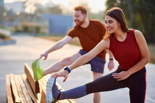 Sporty Couple Doing Exercise Urban Area Sunset Sunrise — Stock Photo, Image