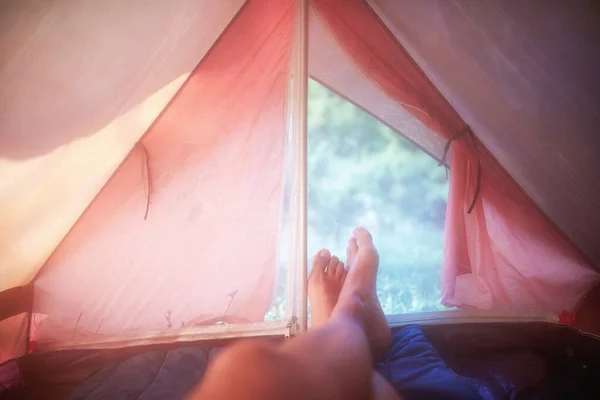自然の中でテントから朝の景色を楽しむ男 — ストック写真