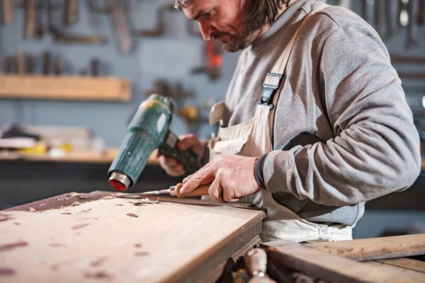 Male Carpenter Working Old Wood Retro Vintage Workshop — Stock Photo, Image