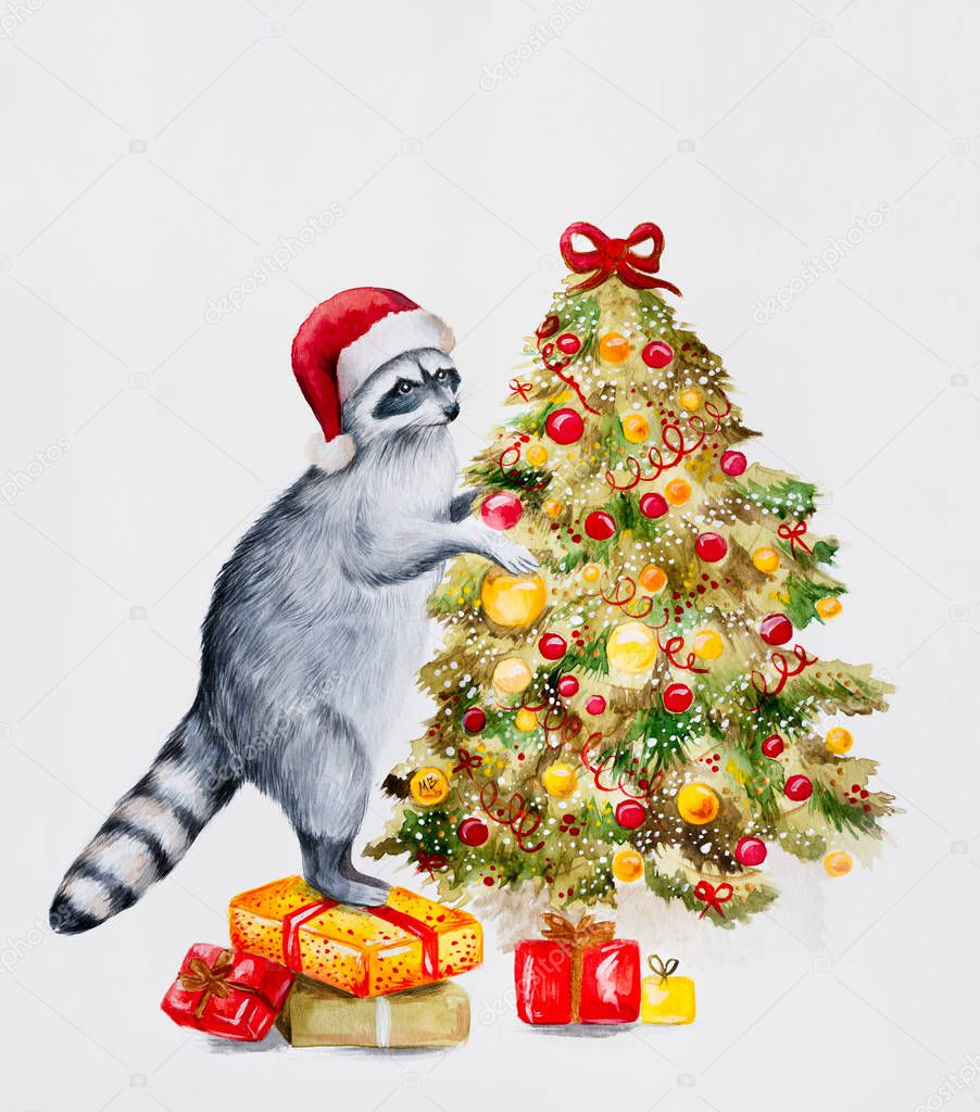 Cute raccoon dressing up christmas tree