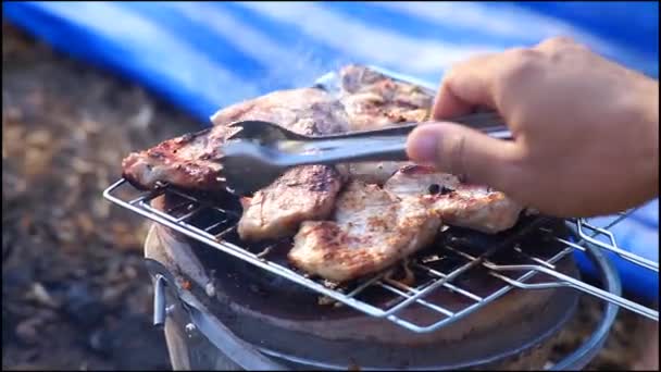 在美味的炭烤架上烤猪肉的镜头 — 图库视频影像