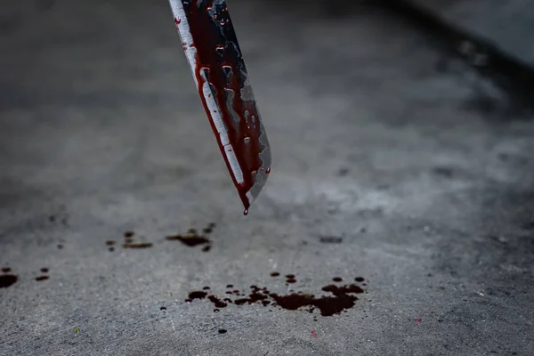 Close Knife Blood Stains Dripping Floor — Stock Photo, Image