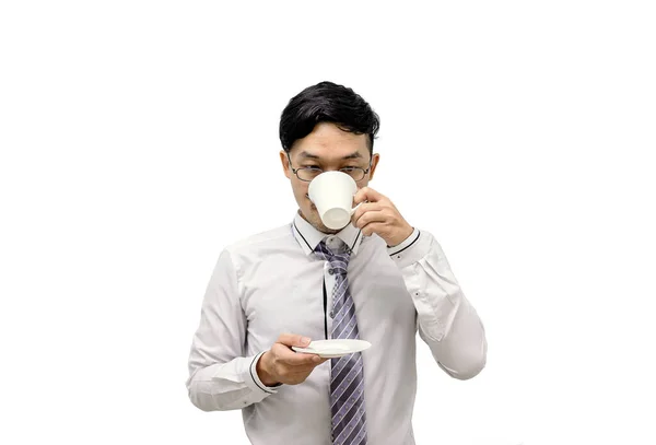 Ένας Επιχειρηματίας Που Πίνει Καφέ Λευκό Φόντο — Φωτογραφία Αρχείου