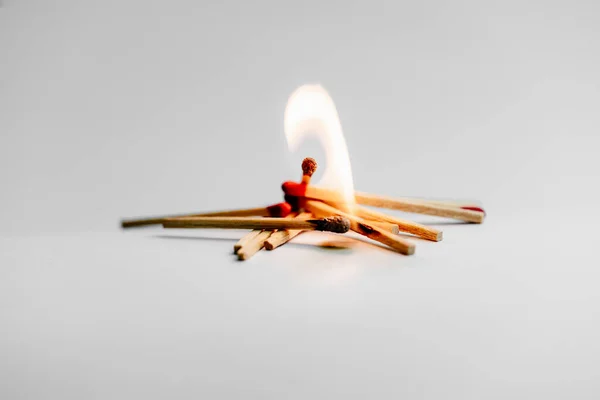 A close up shot of a flammable match stick stacked in a white background