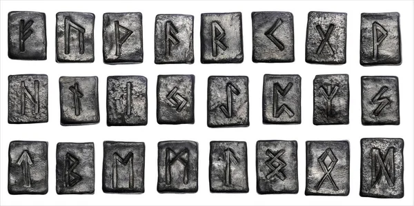 Zwarte Aardewerk Noorse Runen Geïsoleerd Witte Achtergrond — Stockvector
