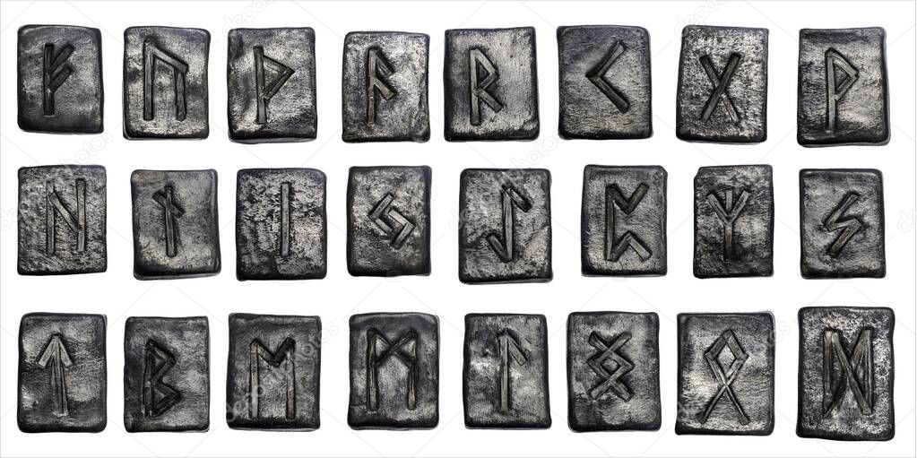 24 black pottery Norse runes isolated on white background