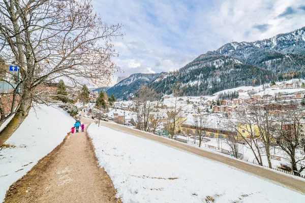 Promenade Enneigée Avec Vue Sur Village Alpin — Photo