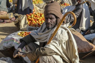 Hawzien, Tigray, Etiyopya - 10 Ocak: Domates Hawzien, satıcı üzerinde 10 Ocak 2018 yılında Hawzien, Tigray bölgesi, Etiyopya pazarı.