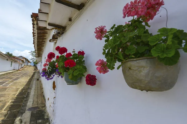 Flores Una Calle Colonial Pueblo Barichara Declarado Patrimonio Nacional Colombia —  Fotos de Stock