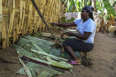 Chencha, Etiyopya, 22 Ocak: Afrikalı kadın Dorze etnik grubun hazırlanıyor Injera, 22 Ocak 2018 Chencha, Etiyopya Guge dağlarda Chencha Köyü'nde yerel ekmek.