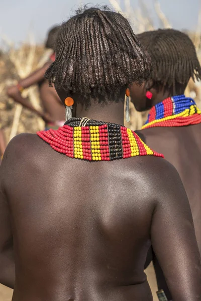 Kadın Onu Geri Köyünün Arka Planda Omorate Etiyopya Ile Bir — Stok fotoğraf