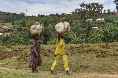 Tyazo, Ruanda - Eylül 2019: 13 Eylül 2019 'da Tyazo, Ruanda' da Cassava taşıyan iki kadın.