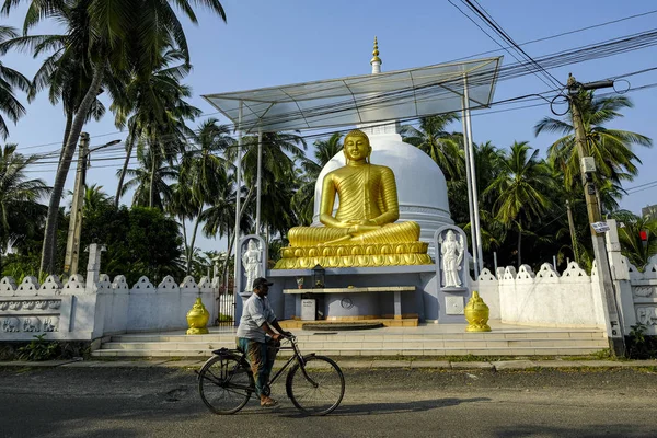 斯里兰卡加勒 2020年1月 2020年1月15日 在斯里兰卡加勒 一名男子骑自行车经过佛像前的一条街道 — 图库照片