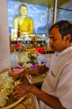 Anuradhapura, Sri Lanka - Şubat 2020: Bir adam 6 Şubat 2020 'de Anuradhapura, Sri Lanka' da Jaya Sri Maha Bodhi Budist tapınağında adak adadı..
