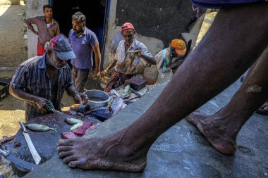 Trincomalee, Sri Lanka - Şubat 2020: Trincomalee pazarında balık satıcıları 16 Şubat 2020 'de Trincomalee, Sri Lanka.