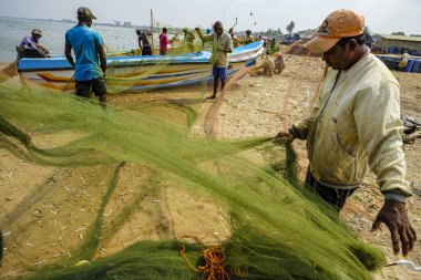 Negombo, Sri Lanka - Mart 2020: Balıkçılar bir gece balık tuttuktan sonra balık ağlarından balık toplar ve 6 Mart 2020 'de Negombo, Sri Lanka' da Hint Okyanusu 'nda ağlarını örerler..