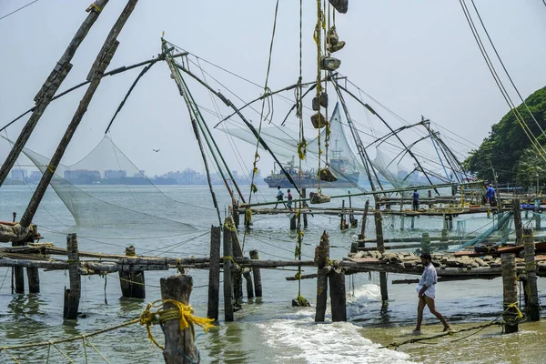 Kochi Inde Mars 2020 Filets Pêche Chinois Traditionnels Sur Plage — Photo